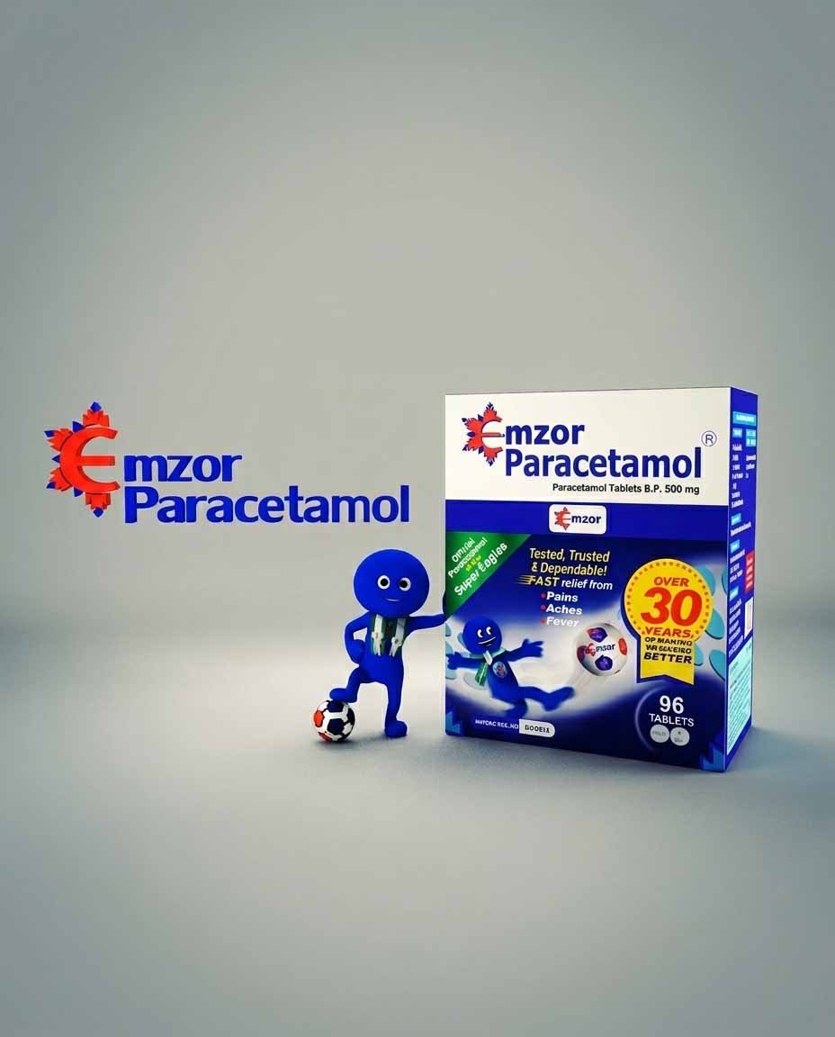 3D animated commercial for Emzor Paracetamol featuring character juggling a football